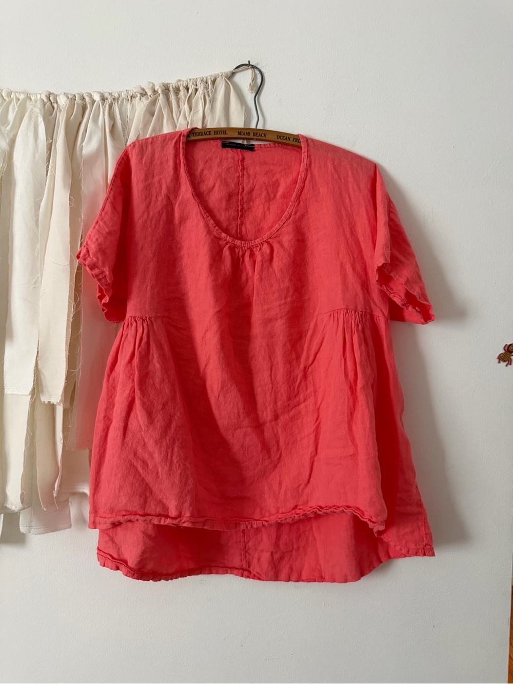 Made in Italy 100% Linen Coral Short Sleeve Blouse